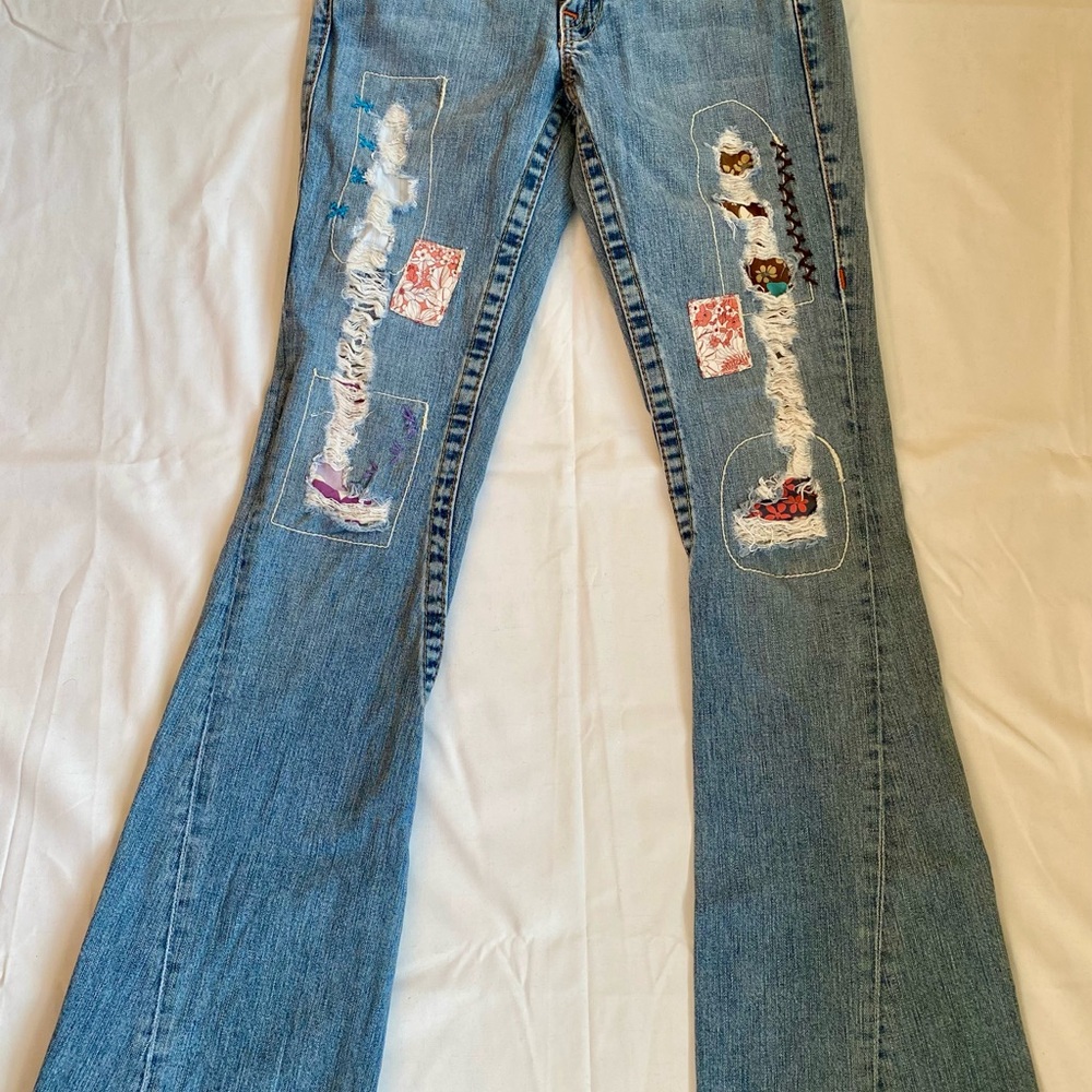 True Religion Vintage Woodstock Joey  Camo Patchwork Flare Jeans Size 26 - Picture 9 of 9